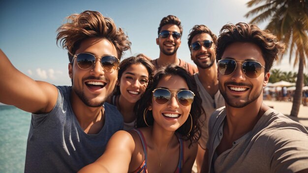 Foto grupo de jóvenes que se toman selfies en vacaciones