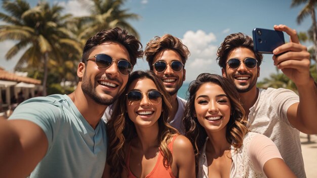 Foto grupo de jóvenes que se toman selfies en vacaciones