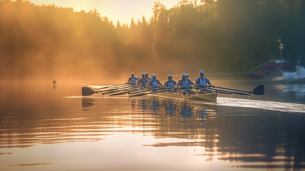 Grupo de jóvenes remando en un lago por la mañana