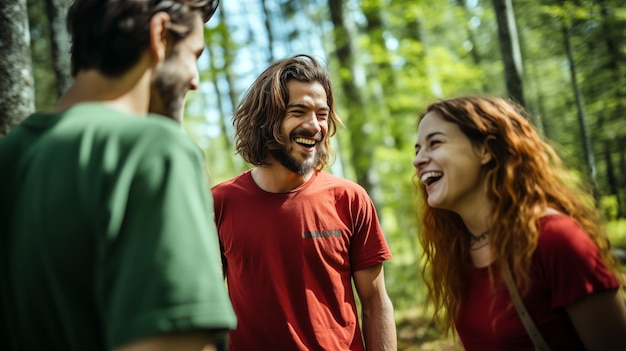 Un grupo de jóvenes riendo en el bosque discutiendo sobre el juego al aire libre