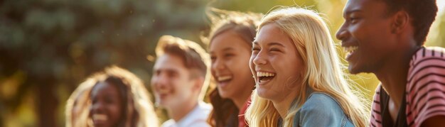 Foto un grupo de jóvenes sentados juntos en un banco al aire libre comparten momentos de risa