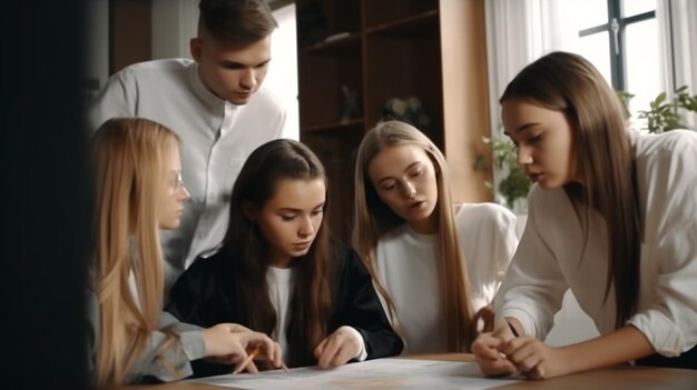 Grupo de jóvenes sentados en una mesa y mirando un papel