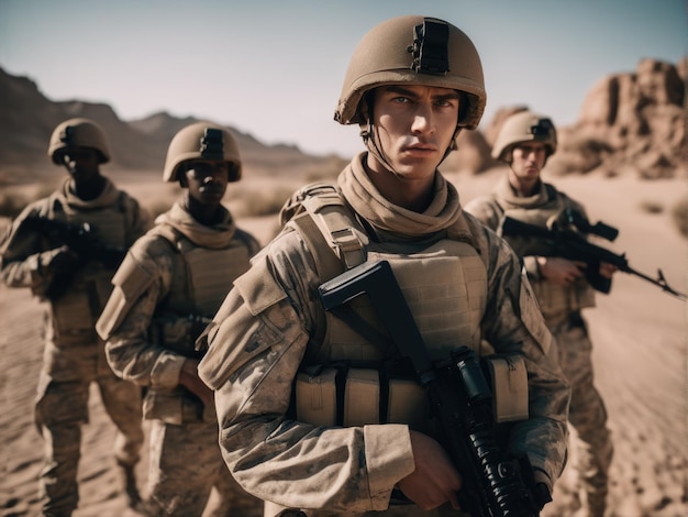 Foto grupo de jóvenes soldados en uniforme militar de pie en un desierto