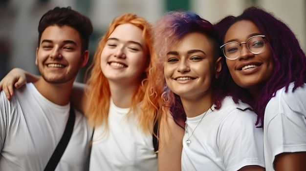 Un grupo de jóvenes sonríen y visten camisetas blancas y uno de ellos lleva una camiseta blanca que dice 'te amo'