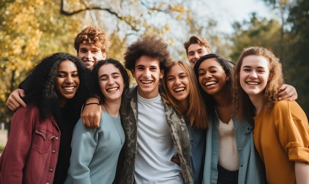 Foto grupo de jóvenes sonrientes de pie juntos en un parque ia generativa