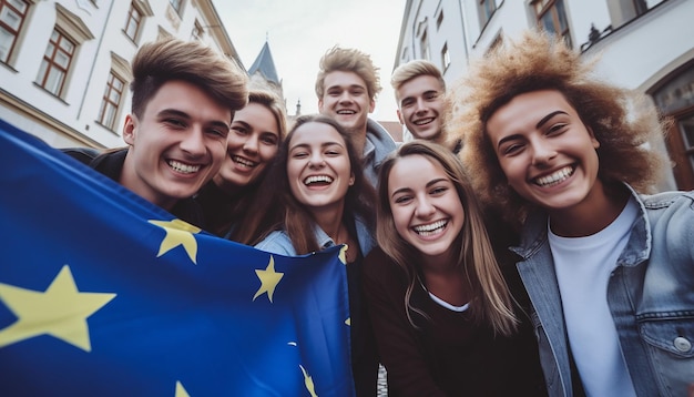 Foto un grupo de jóvenes se toman un selfie en el fondo ondea la bandera de la unión europea