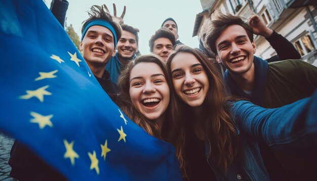 Foto un grupo de jóvenes se toman un selfie en el fondo ondea la bandera de la unión europea