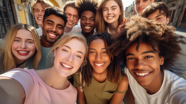 Grupo de jóvenes tomando selfies