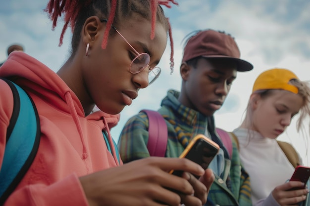 Un grupo de jóvenes usando teléfonos móviles juntos