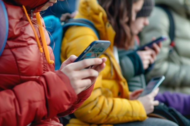 Un grupo de jóvenes usando teléfonos móviles juntos