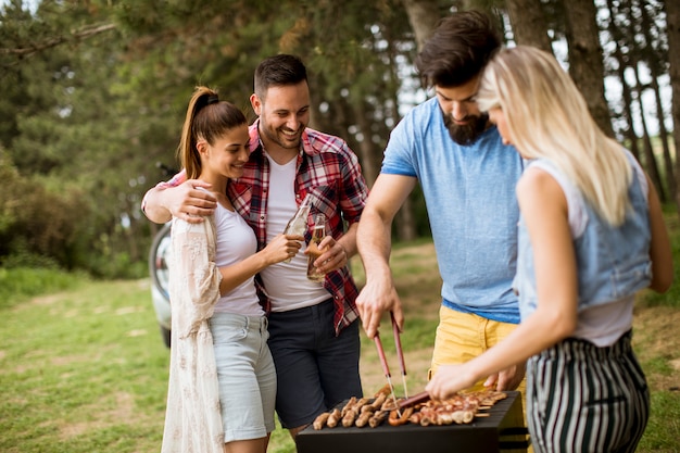 Grupo jovens, desfrutando, churrasco, partido, natureza