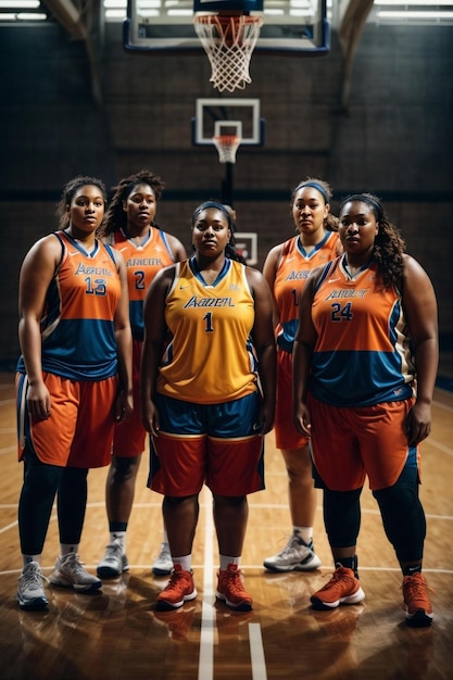 Foto un grupo de jugadores de baloncesto de pie en la cancha, uno con una camiseta que dice número 11.