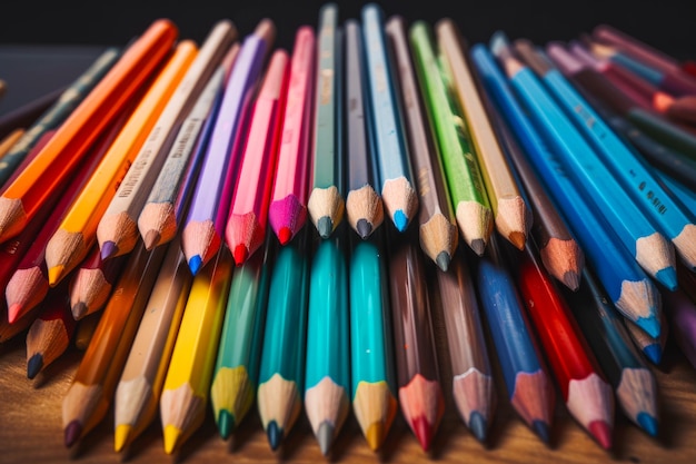 Grupo de lápices de colores sentados encima de una mesa de madera uno al lado del otro IA generativa