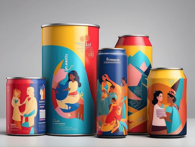 un grupo de latas de diferentes tipos de cerveza en una mesa con una mujer sosteniendo a un bebé