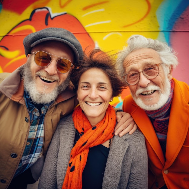 Foto grupo legal de amigos expressão feliz contra parede de grafite colorido grunge gerado por ia