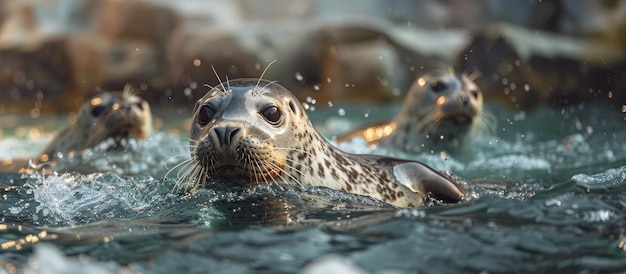 Un grupo de leones marinos nadando