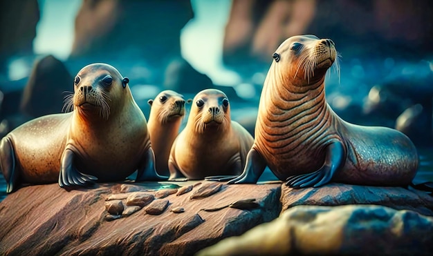 Un grupo de leones marinos tomando el sol en una orilla rocosa