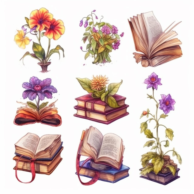 Un grupo de libros y flores con libros en ellos generativo ai