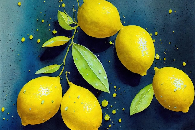 Grupo de limones con hojas pintura de ilustración de estilo de arte digital