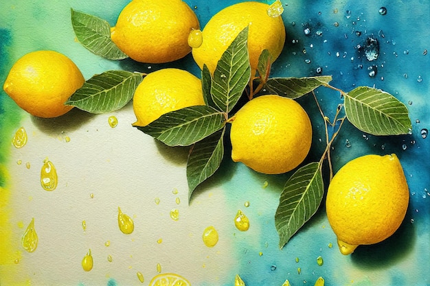 Grupo de limones con hojas pintura de ilustración de estilo de arte digital