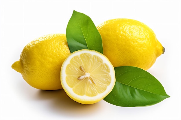 un grupo de limones con hojas sobre una superficie blanca