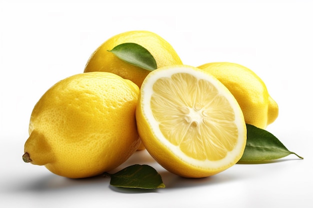 Un grupo de limones con una rodaja cortada.