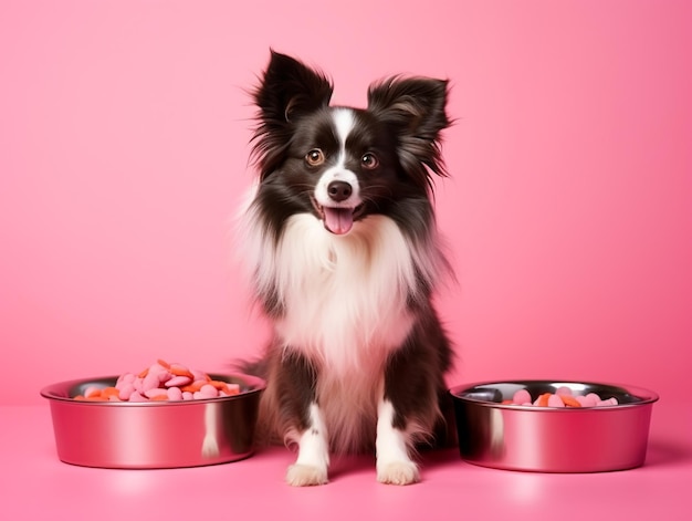 Un grupo lindo de perros sentados cerca de un cuenco con comida seca para comer en casa Mascotas adorables en fondo rosa