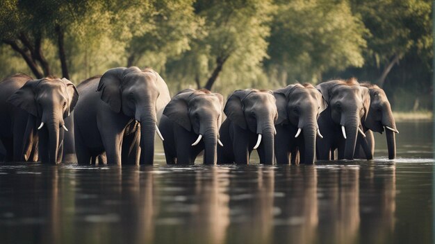 Un grupo de lindos elefantes en un hermoso lago en la selva