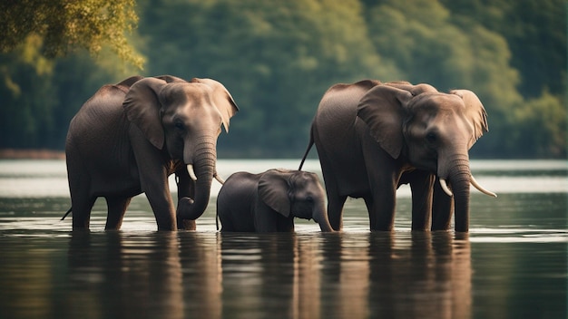 Un grupo de lindos elefantes en un hermoso lago en la selva