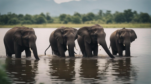 Un grupo de lindos elefantes en un hermoso lago en la selva