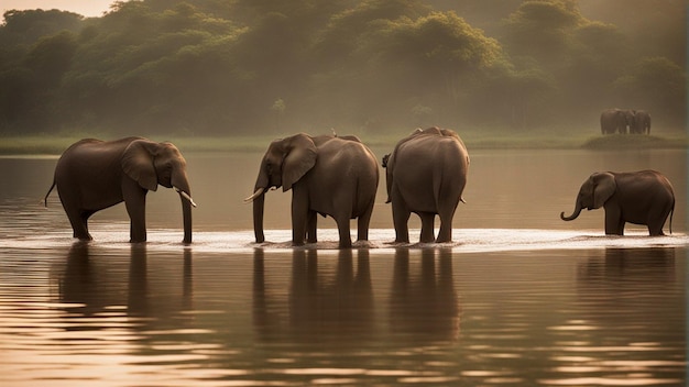 Un grupo de lindos elefantes en un hermoso lago en la selva