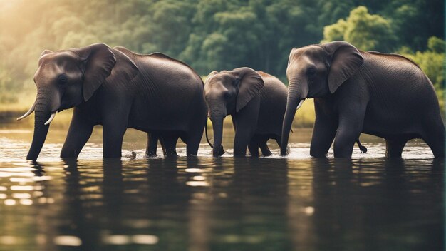 Un grupo de lindos elefantes en un hermoso lago en la selva