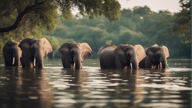 Un grupo de lindos elefantes en un hermoso lago en la selva