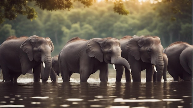 Un grupo de lindos elefantes en un hermoso lago en la selva