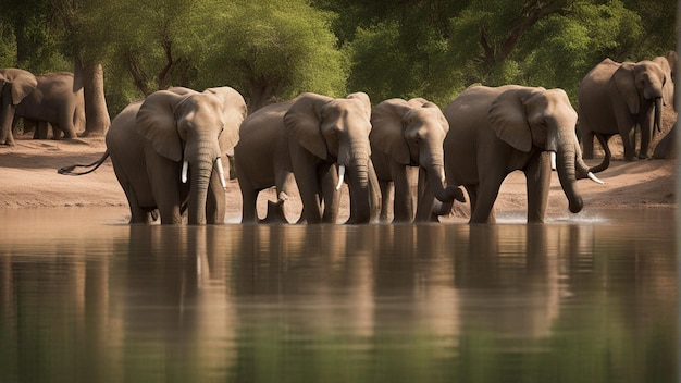 Un grupo de lindos elefantes en un hermoso lago en la selva