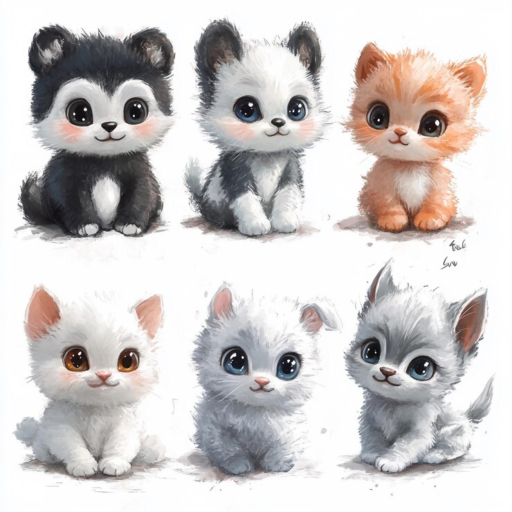 Un grupo de lindos gatos y perros de dibujos animados están sentados en un fondo blanco