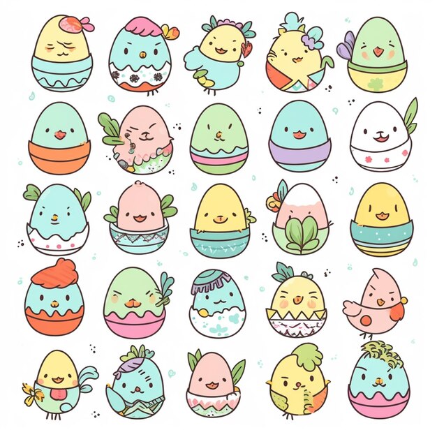 Un grupo de lindos huevos de pascua con diferentes caras y colores ai generativo.