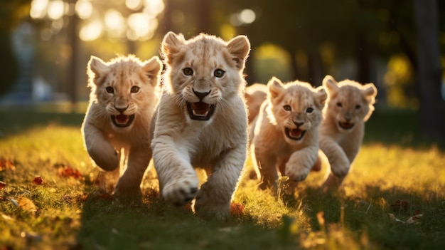 Foto un grupo de lindos leones corriendo y jugando en la hierba verde del parque