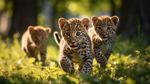 Foto un grupo de lindos leopardos jugando en la hierba verde del parque