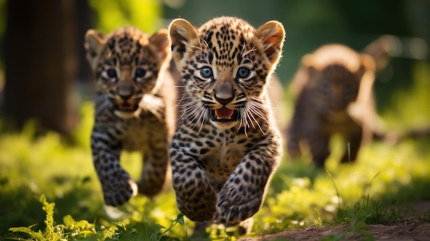 Un grupo de lindos leopardos jugando en la hierba verde del parque