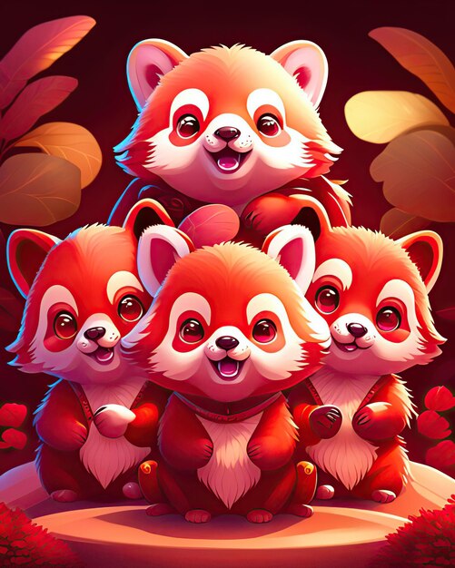Foto un grupo de lindos pandas rojos de dibujos animados juntos