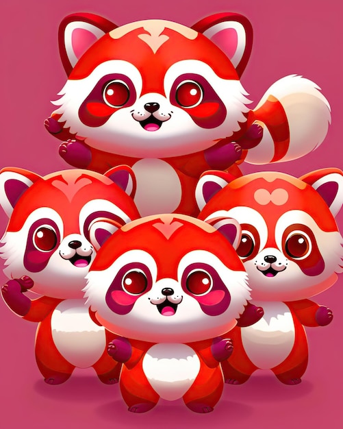 Foto un grupo de lindos pandas rojos kawaii juntos