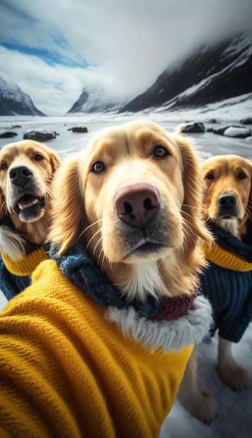 Un grupo de lindos perros golden retriever con suéter de perro IA generativa