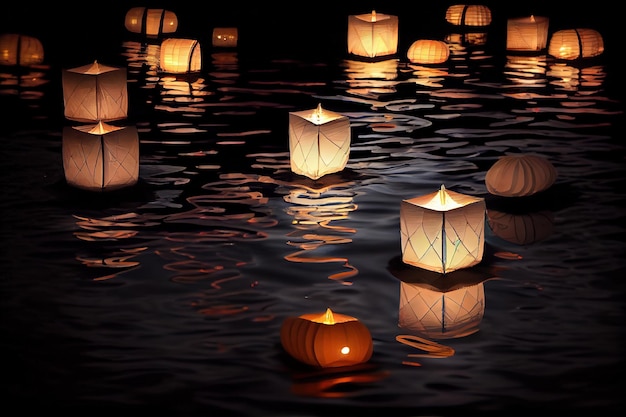 Un grupo de linternas flotando en el agua por la noche.