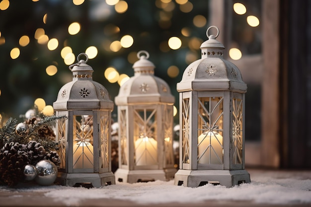 Grupo de linternas navideñas con velas con decoración festiva con luces en el fondo