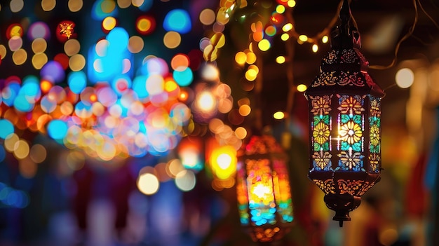 grupo de linternas de velas árabes iluminan el ambiente festivo de Eid