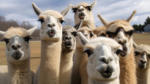 Un grupo de llamas curiosos mirando a la cámara