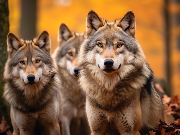 Un grupo de lobos mira la cámara en otoño.