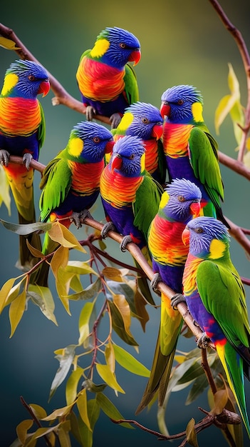 Foto un grupo de lorikeets de colores brillantes posados en una rama de un árbol