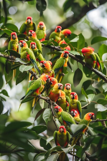 Un grupo de loros se alzan en una rama de un árbol